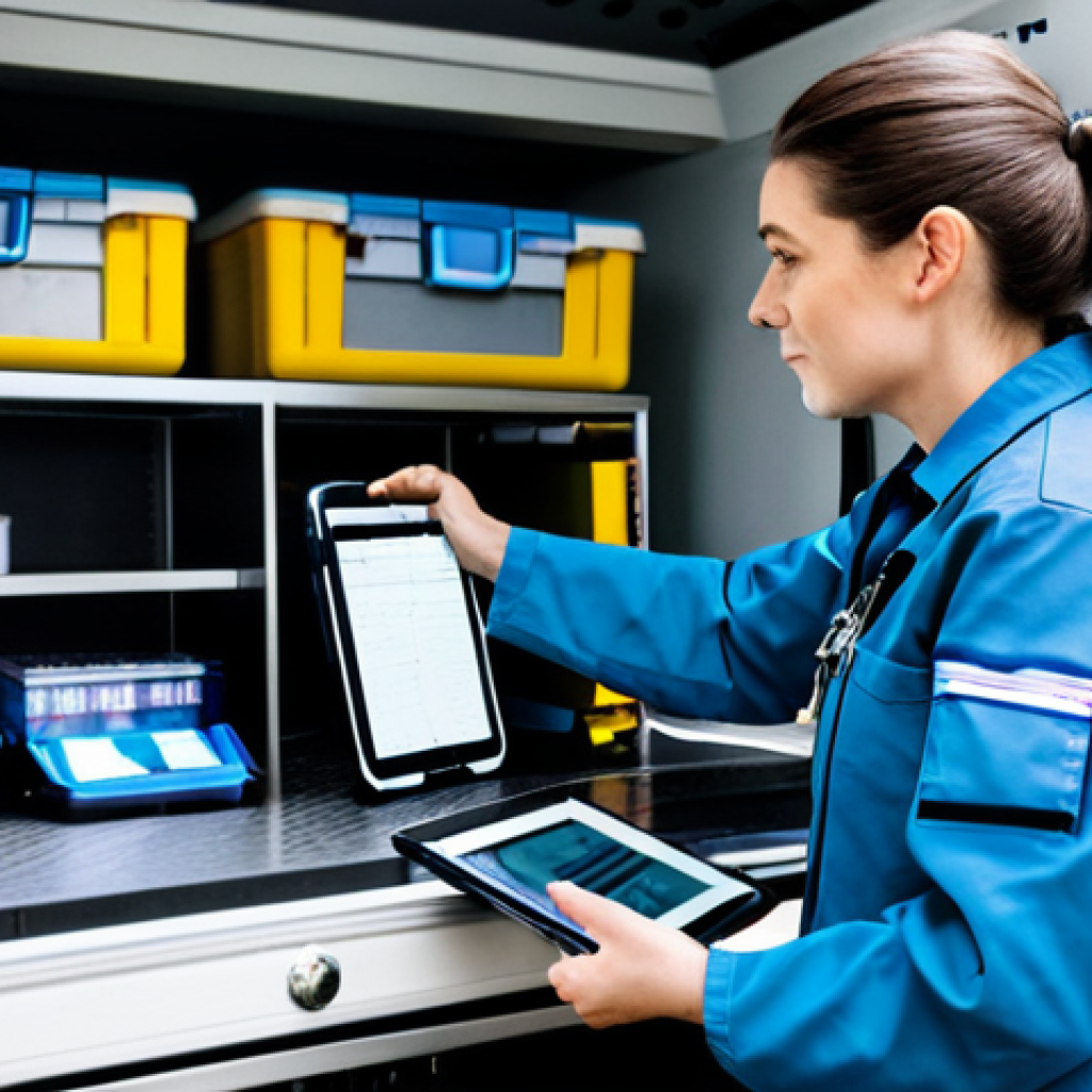 A professional male and female paramedic, both in clean, modest uniform, meticulously checking medical equipment inside a state-of-the-art ambulance parked in a well-lit ambulance bay. One paramedic is holding a tablet with a digital checklist, while the other carefully inspects a medical device. The scene conveys a sense of readiness and dedication, with medical supplies neatly organized. Fully clothed, appropriate attire, safe for work, professional, perfect anatomy, correct proportions, natural pose, well-formed hands, proper finger count, natural body proportions, high quality professional photography, appropriate content, family-friendly.