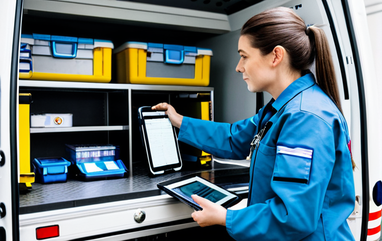 A professional male and female paramedic, both in clean, modest uniform, meticulously checking medical equipment inside a state-of-the-art ambulance parked in a well-lit ambulance bay. One paramedic is holding a tablet with a digital checklist, while the other carefully inspects a medical device. The scene conveys a sense of readiness and dedication, with medical supplies neatly organized. Fully clothed, appropriate attire, safe for work, professional, perfect anatomy, correct proportions, natural pose, well-formed hands, proper finger count, natural body proportions, high quality professional photography, appropriate content, family-friendly.