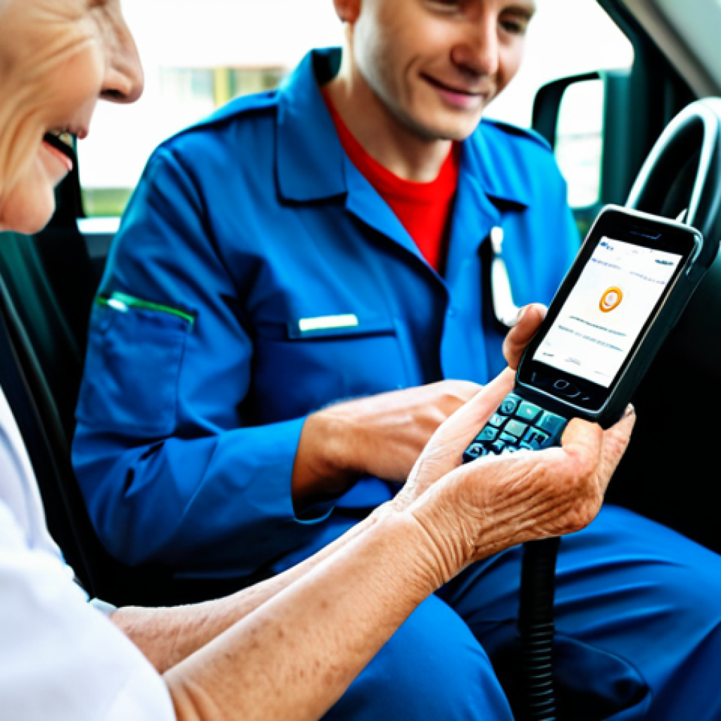 A male paramedic in a professional uniform is holding a smartphone, displaying a real-time voice translation application interface. He is conversing with an elderly female patient who is sitting in a modern, clean ambulance. The patient is looking at the paramedic with an expression of understanding and relief, her hands resting calmly in her lap. Medical equipment is visible in the background, subtly out of focus. The scene emphasizes seamless communication and care, safe for work, appropriate content, fully clothed, professional. Perfect anatomy, correct proportions, natural pose, well-formed hands, proper finger count, natural body proportions, professional photography, high quality.