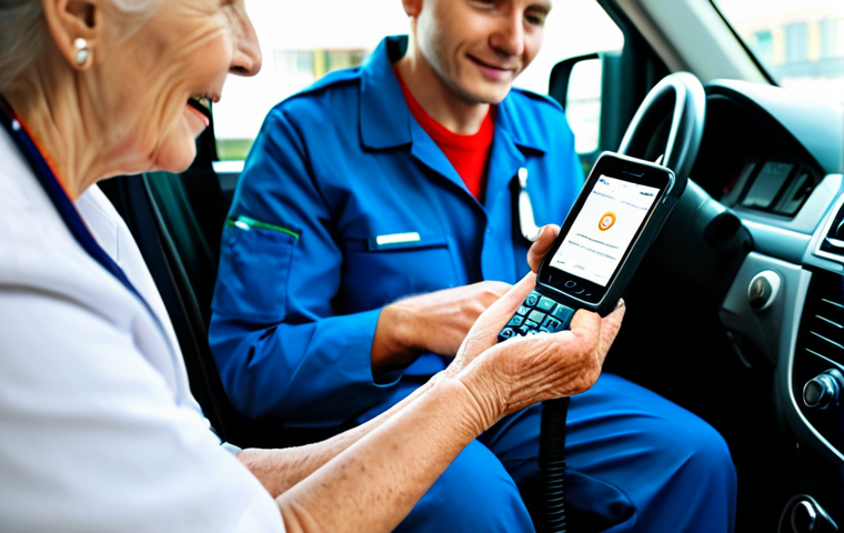 A male paramedic in a professional uniform is holding a smartphone, displaying a real-time voice translation application interface. He is conversing with an elderly female patient who is sitting in a modern, clean ambulance. The patient is looking at the paramedic with an expression of understanding and relief, her hands resting calmly in her lap. Medical equipment is visible in the background, subtly out of focus. The scene emphasizes seamless communication and care, safe for work, appropriate content, fully clothed, professional. Perfect anatomy, correct proportions, natural pose, well-formed hands, proper finger count, natural body proportions, professional photography, high quality.