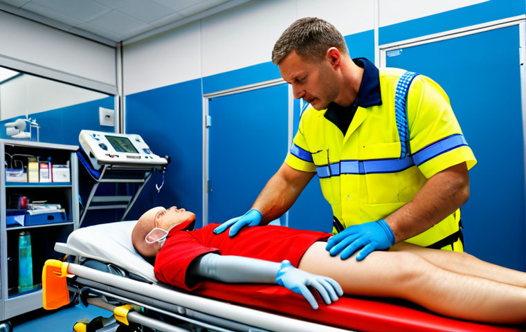응급구조사 출동 후 환자 이송 평가 - A professional paramedic assessing a patient's vital signs at the scene of an emergency. The paramed...