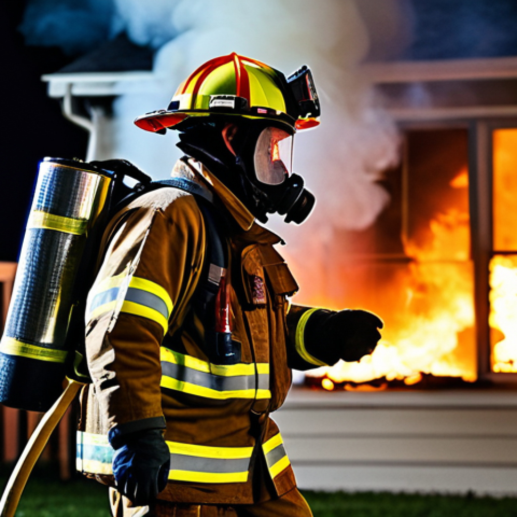응급구조사 직무 위험 사례 - **Prompt:** A fully clothed firefighter in appropriate turnout gear battling a house fire at night, ...