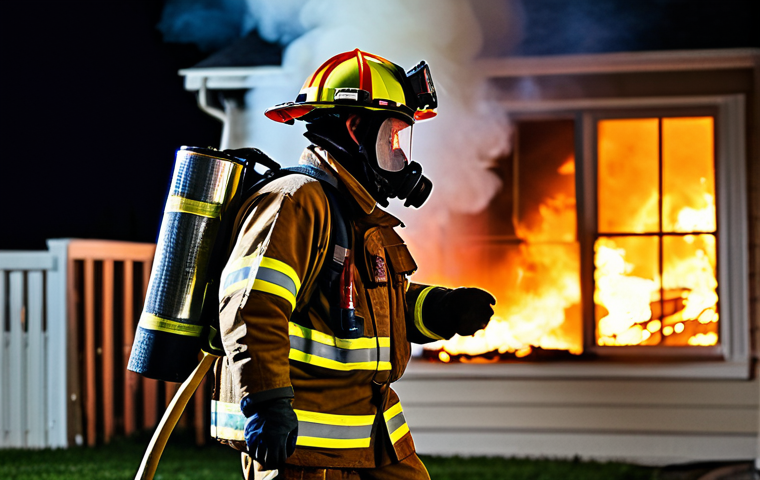 응급구조사 직무 위험 사례 - **Prompt:** A fully clothed firefighter in appropriate turnout gear battling a house fire at night, ...