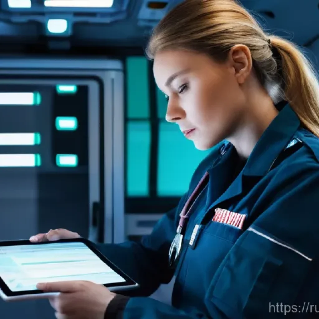 응급구조사와 환자 기록 관리 - **Modern Paramedic Utilizing a Tablet in an Ambulance**
A highly detailed, realistic image of a ...