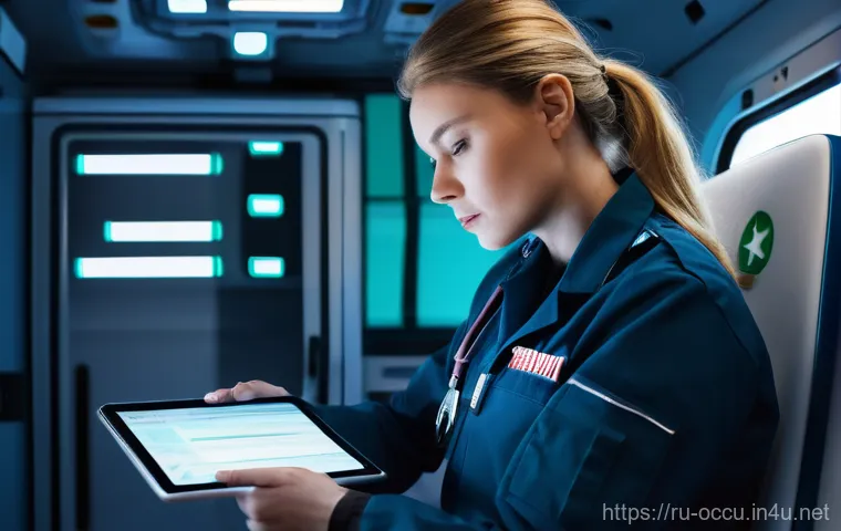 응급구조사와 환자 기록 관리 - **Modern Paramedic Utilizing a Tablet in an Ambulance**
A highly detailed, realistic image of a ...