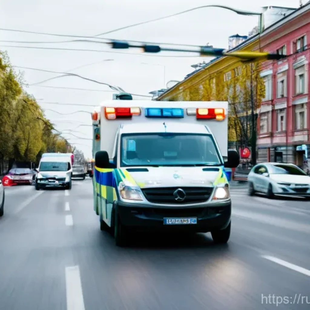 응급구조사 사고 사례 분석 - A dynamic, eye-level shot of a modern Russian ambulance (clearly marked "Скорая помощь") with its em...