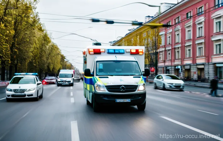 응급구조사 사고 사례 분석 - A dynamic, eye-level shot of a modern Russian ambulance (clearly marked "Скорая помощь") with its em...