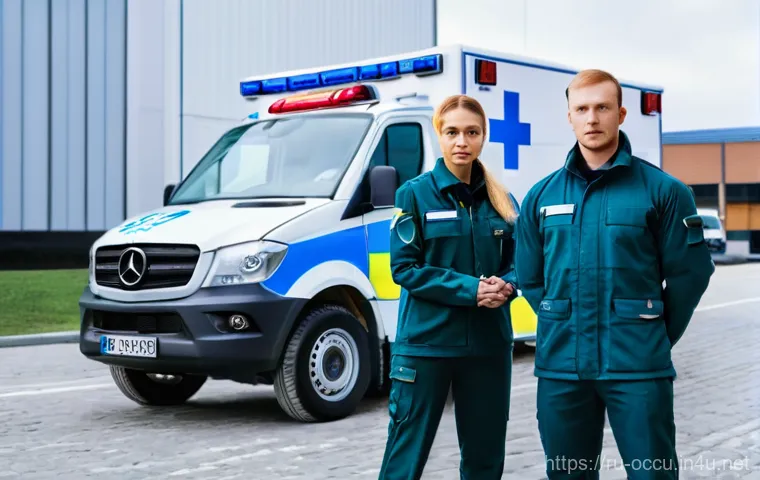 응급구조사 사고 사례 분석 - Inside a well-lit, modern Russian ambulance at night, two paramedics (one male, one female, both wea... 응급구조사 사고 사례 분석 - Inside a well-lit, modern Russian ambulance at night, two paramedics (one male, one female, both wea...