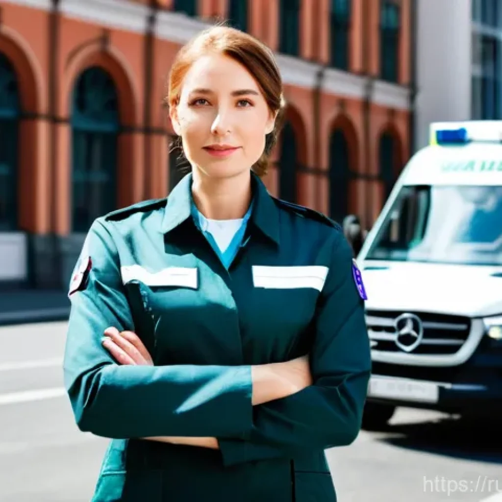 응급구조사 연봉 지역별 비교 - **Prompt:** A highly professional female paramedic in her mid-30s, fully clothed in a crisp, modern ...