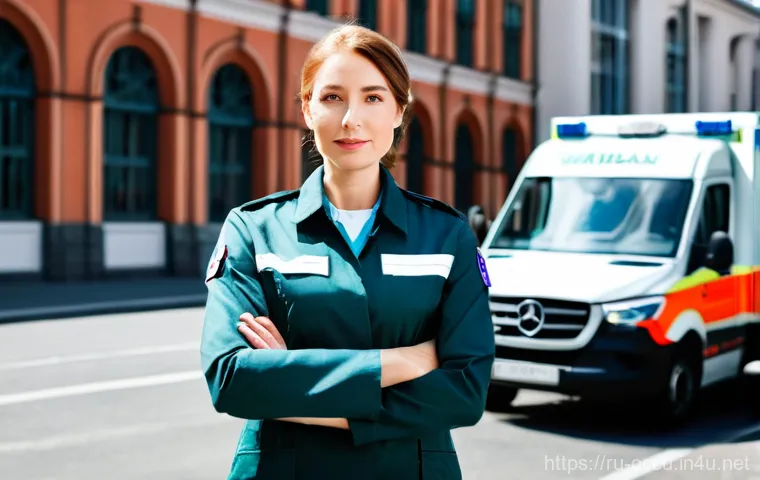 응급구조사 연봉 지역별 비교 - **Prompt:** A highly professional female paramedic in her mid-30s, fully clothed in a crisp, modern ...
