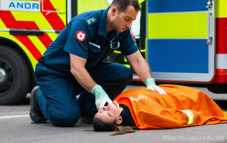응급구조사와 의료윤리 사례 - A male paramedic, dressed in a clean, professional dark blue uniform, kneels respectfully to explain...