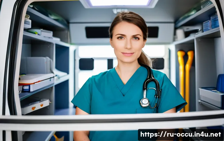 응급구조사와 응급전문팀 구성 - **Modern Paramedic (Фельдшер) with Advanced Diagnostics:**
"A highly skilled female paramedic (ф...