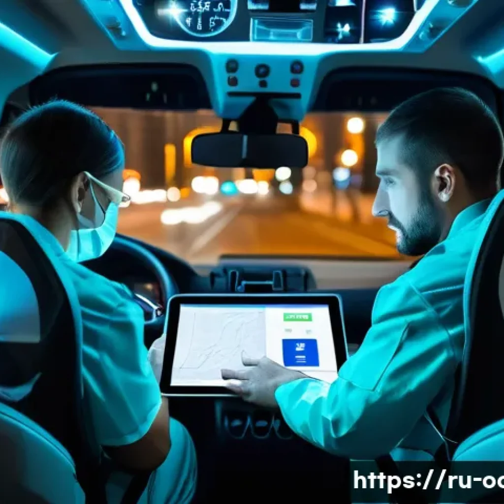 응급구조사 팀워크 사례 - A dynamic emergency medical team working seamlessly inside a modern ambulance in a bustling Russian ...