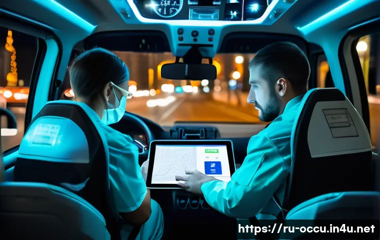 응급구조사 팀워크 사례 - A dynamic emergency medical team working seamlessly inside a modern ambulance in a bustling Russian ...
