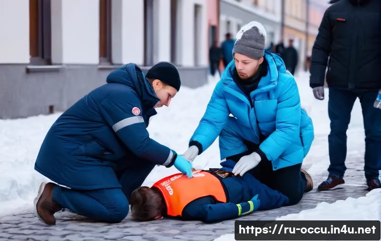 응급구조사와 응급 생명 구조 원칙 - A detailed scene showing a calm and focused first responder performing CPR on an adult male patient ...