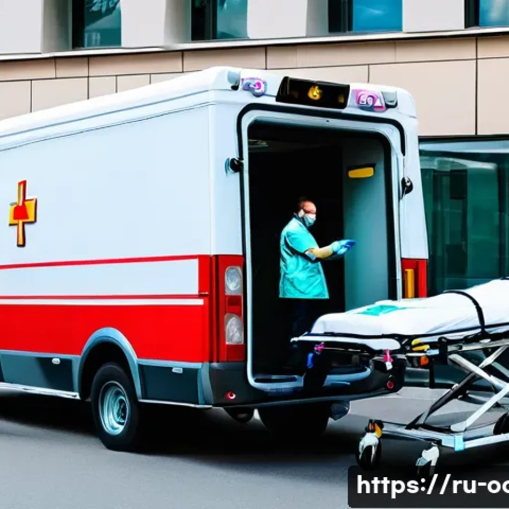 응급구조사와 보건의료 정책 - A realistic urban ambulance scene in Moscow during a busy day, showing a professional emergency medi...