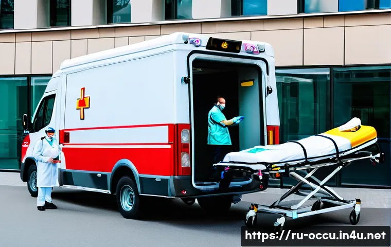 응급구조사와 보건의료 정책 - A realistic urban ambulance scene in Moscow during a busy day, showing a professional emergency medi...