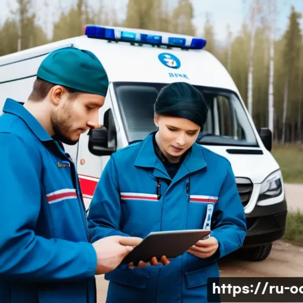 응급구조사와 EMS 발전 방향 - A modern Russian EMS ambulance team using telemedicine technology in a rural village setting, featur...