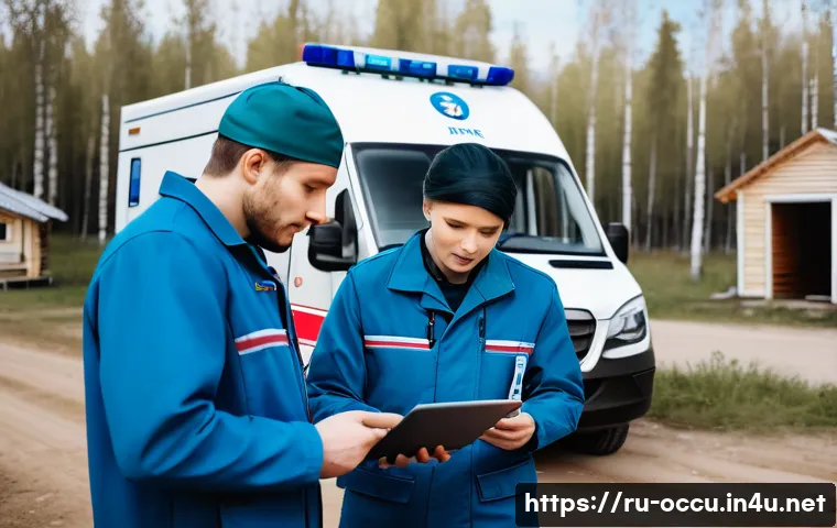 응급구조사와 EMS 발전 방향 - A modern Russian EMS ambulance team using telemedicine technology in a rural village setting, featur...