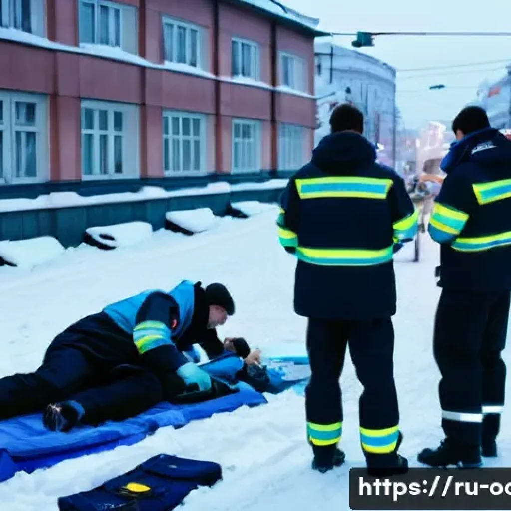 응급구조사 직무와 관련된 도서 리뷰 - A detailed scene of a Russian emergency medical team performing a primary patient assessment on a st...