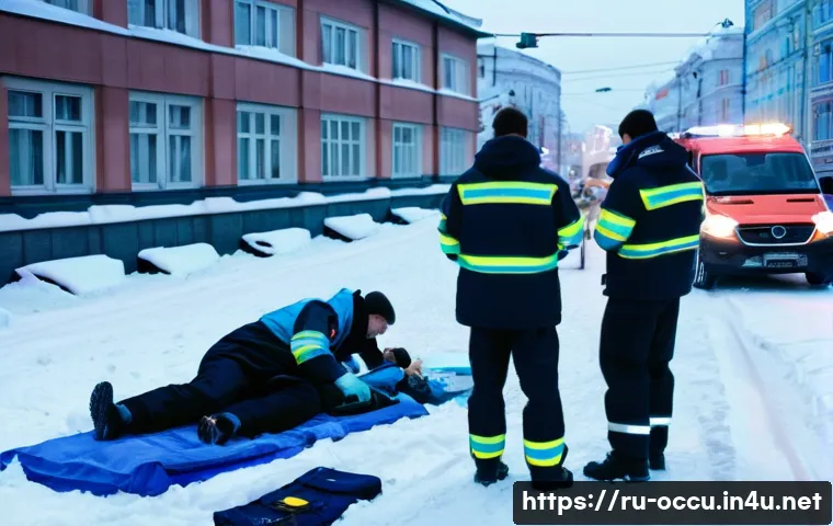 응급구조사 직무와 관련된 도서 리뷰 - A detailed scene of a Russian emergency medical team performing a primary patient assessment on a st...