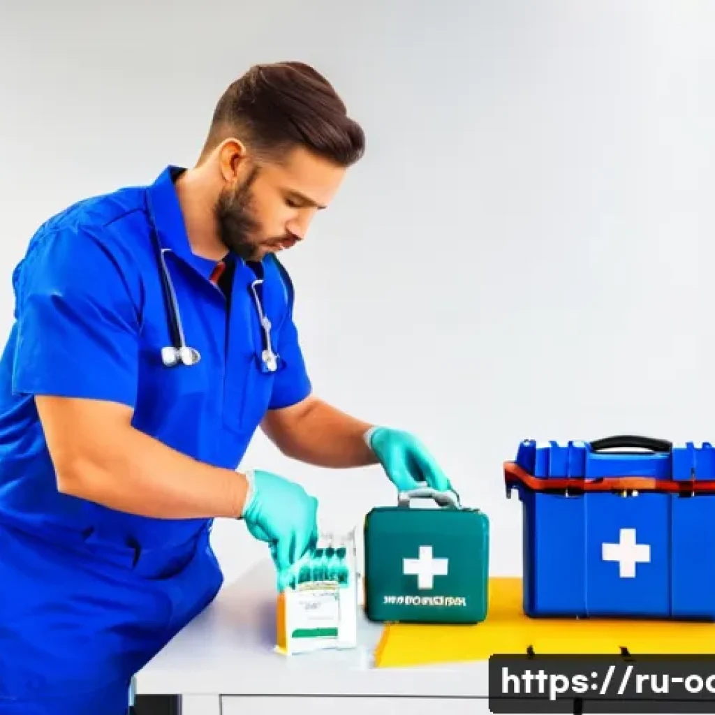 응급구조사 실기시험 체크리스트 - A professional emergency medical technician preparing a well-organized first aid station indoors wit...