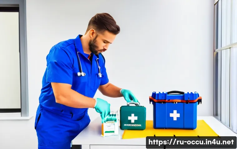 응급구조사 실기시험 체크리스트 - A professional emergency medical technician preparing a well-organized first aid station indoors wit...