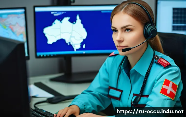 응급구조사 응급콜 대처 요령 - A calm emergency dispatcher in a modern Russian call center, wearing a headset and uniform with visi...