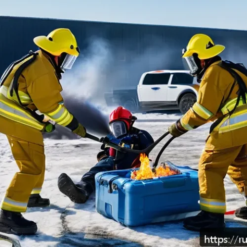 응급구조사 전문 교육 과정 - A group of Russian rescue training students practicing fire emergency response outdoors at a governm...
