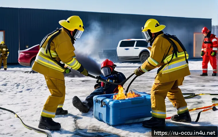 응급구조사 전문 교육 과정 - A group of Russian rescue training students practicing fire emergency response outdoors at a governm...