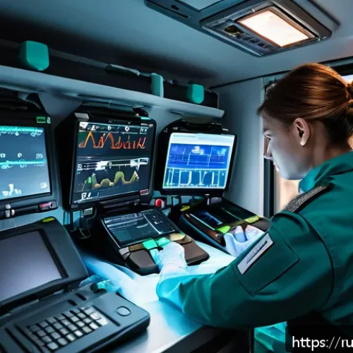 응급구조사 장단점 분석 - A focused paramedic in modern emergency medical gear, including gloves and a protective vest, operat...
