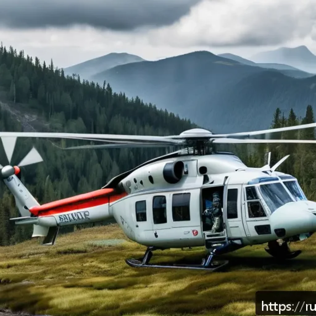 응급구조사와 헬기 응급의료 - A detailed scene of a Russian rescue helicopter (Mi-8) flying over a remote mountainous forest area ...