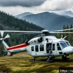 응급구조사와 헬기 응급의료 - A detailed scene of a Russian rescue helicopter (Mi-8) flying over a remote mountainous forest area ...