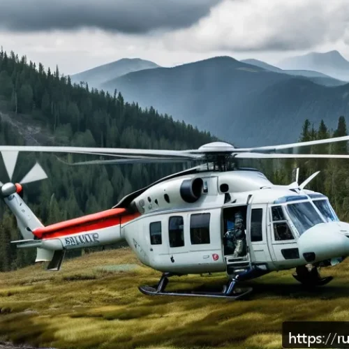 응급구조사와 헬기 응급의료 - A detailed scene of a Russian rescue helicopter (Mi-8) flying over a remote mountainous forest area ...
