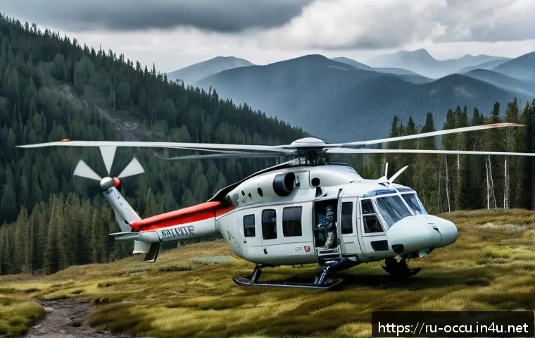 응급구조사와 헬기 응급의료 - A detailed scene of a Russian rescue helicopter (Mi-8) flying over a remote mountainous forest area ...