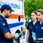 응급구조사와 ACLS - A highly detailed emergency medical team performing rapid patient assessment outdoors, focusing on a...
