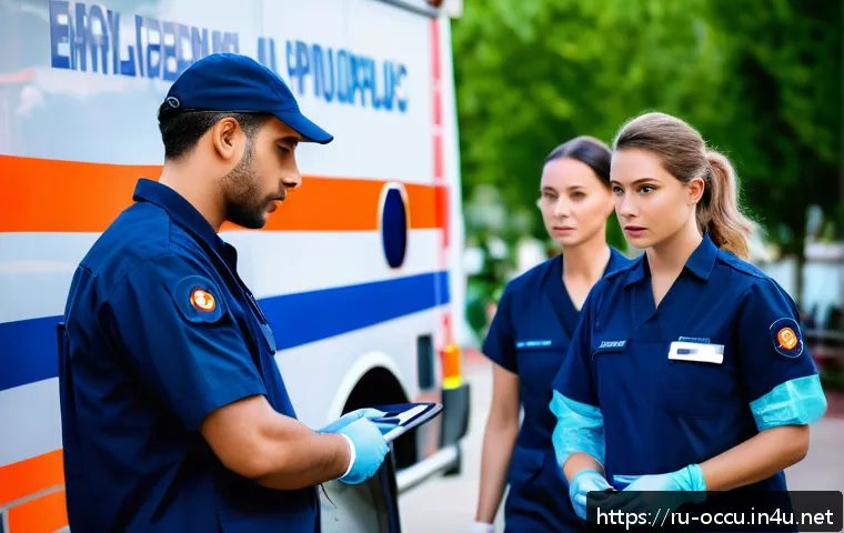 응급구조사와 ACLS - A highly detailed emergency medical team performing rapid patient assessment outdoors, focusing on a...