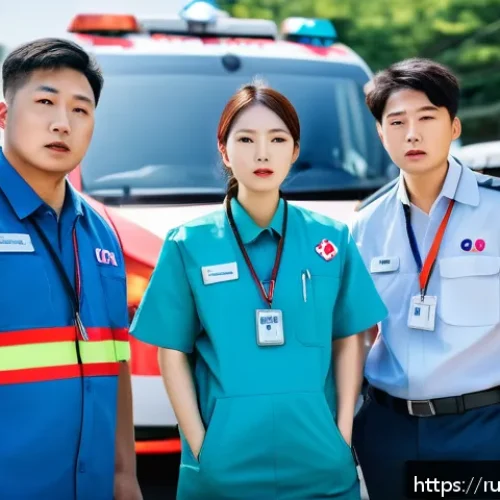 응급구조사 리더십 개발 - A realistic emergency scene depicting a diverse team of paramedics in Korea efficiently managing a d...