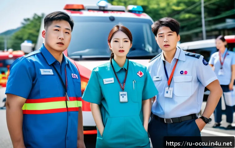 응급구조사 리더십 개발 - A realistic emergency scene depicting a diverse team of paramedics in Korea efficiently managing a d...
