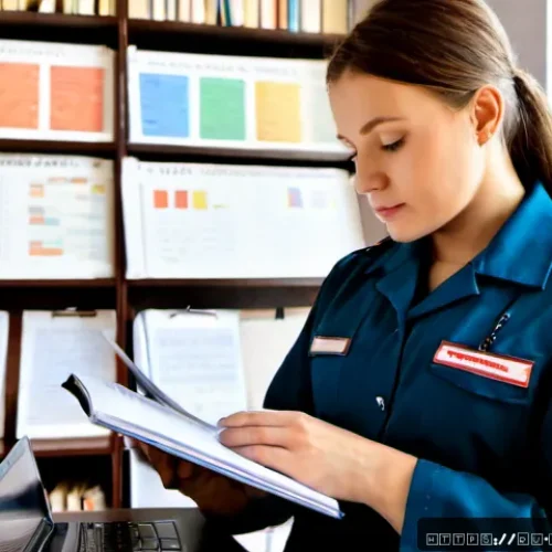 응급구조사 논문 리뷰 - Photorealistic editorial scene of a Russian emergency medical technician conducting a research revie...