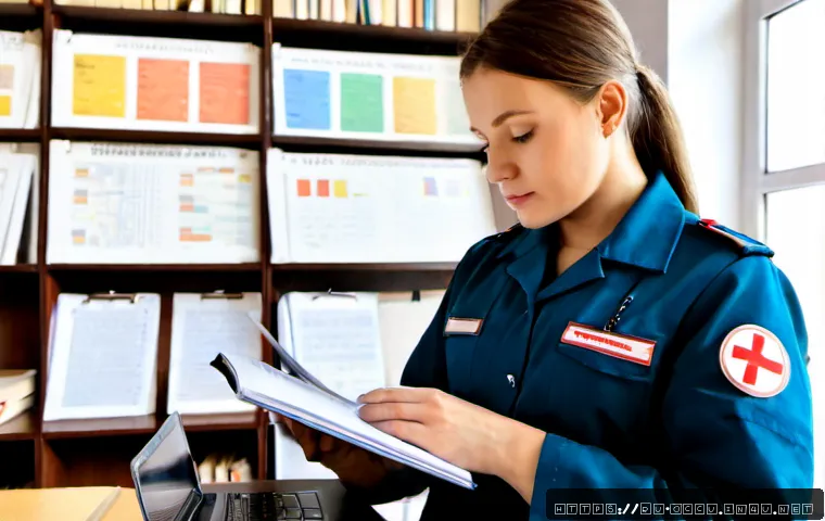 응급구조사 논문 리뷰 - Photorealistic editorial scene of a Russian emergency medical technician conducting a research revie...