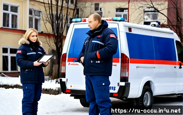 응급구조사 팀 구성 요령 - Photorealistic emergency response team planning beside an unmarked white ambulance with subtle red-a...