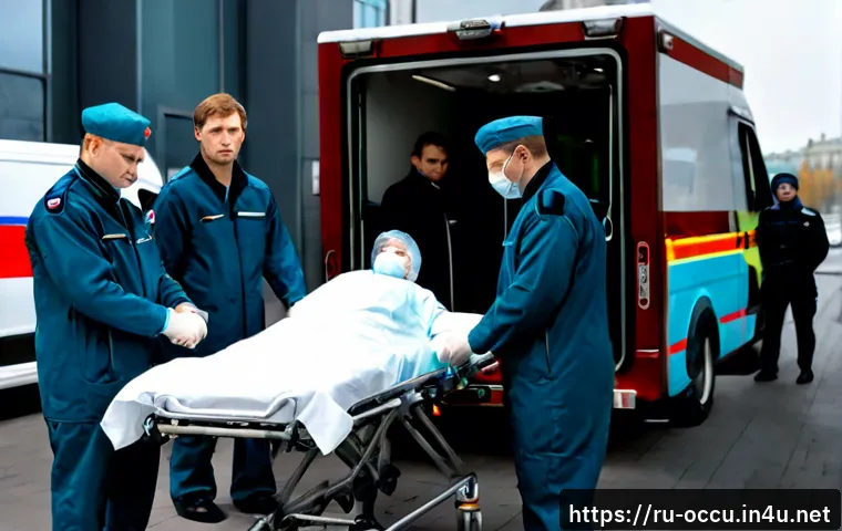 응급구조사와 의료 체계 이해 - Photorealistic emergency medical technician team transferring an adult patient on a covered stretche...