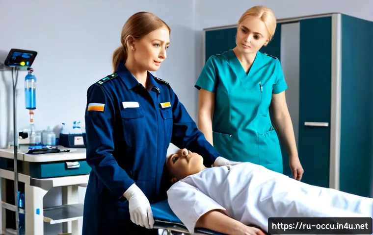 Home 17 응급구조사와 응급실 협력 사례 - Photorealistic emergency collaboration scene in a modern Russian hospital emergency department, a pa...