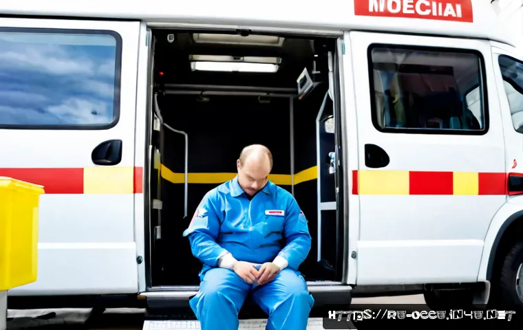 응급구조사와 심리적 준비 전략 - Photorealistic Russian emergency medical responder in a clean modern ambulance station, seated calml...