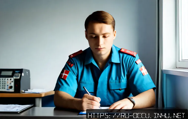응급구조사 출동 후 보고서 작성법 - Photorealistic emergency medical responder in a clean Russian ambulance station, seated at a tidy de...